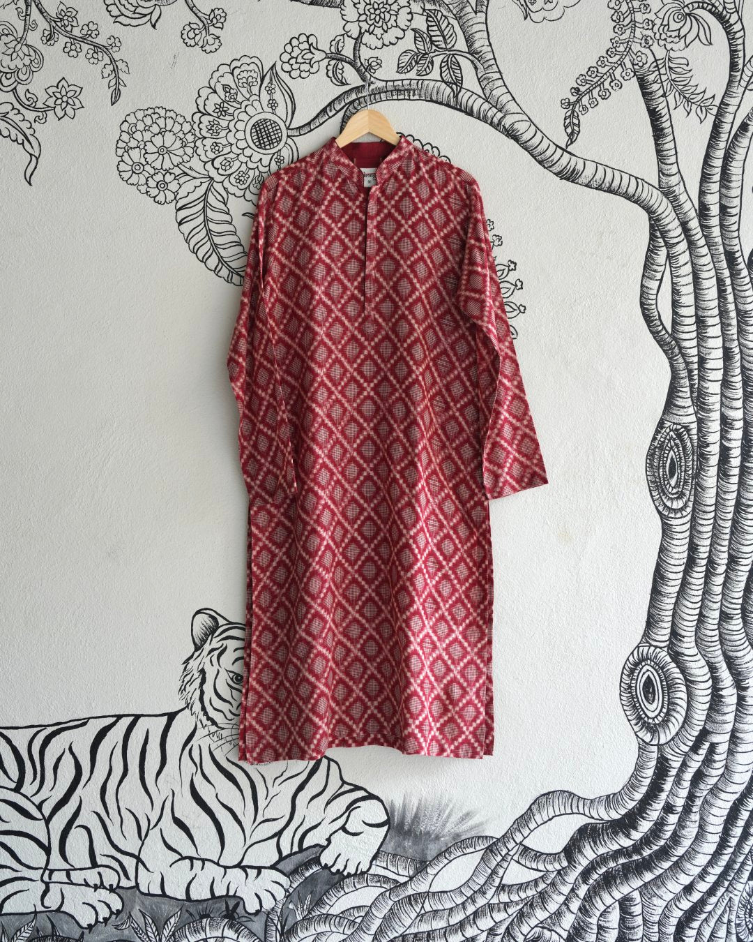 Red Handwoven Khadi Double Ikkat Kurta