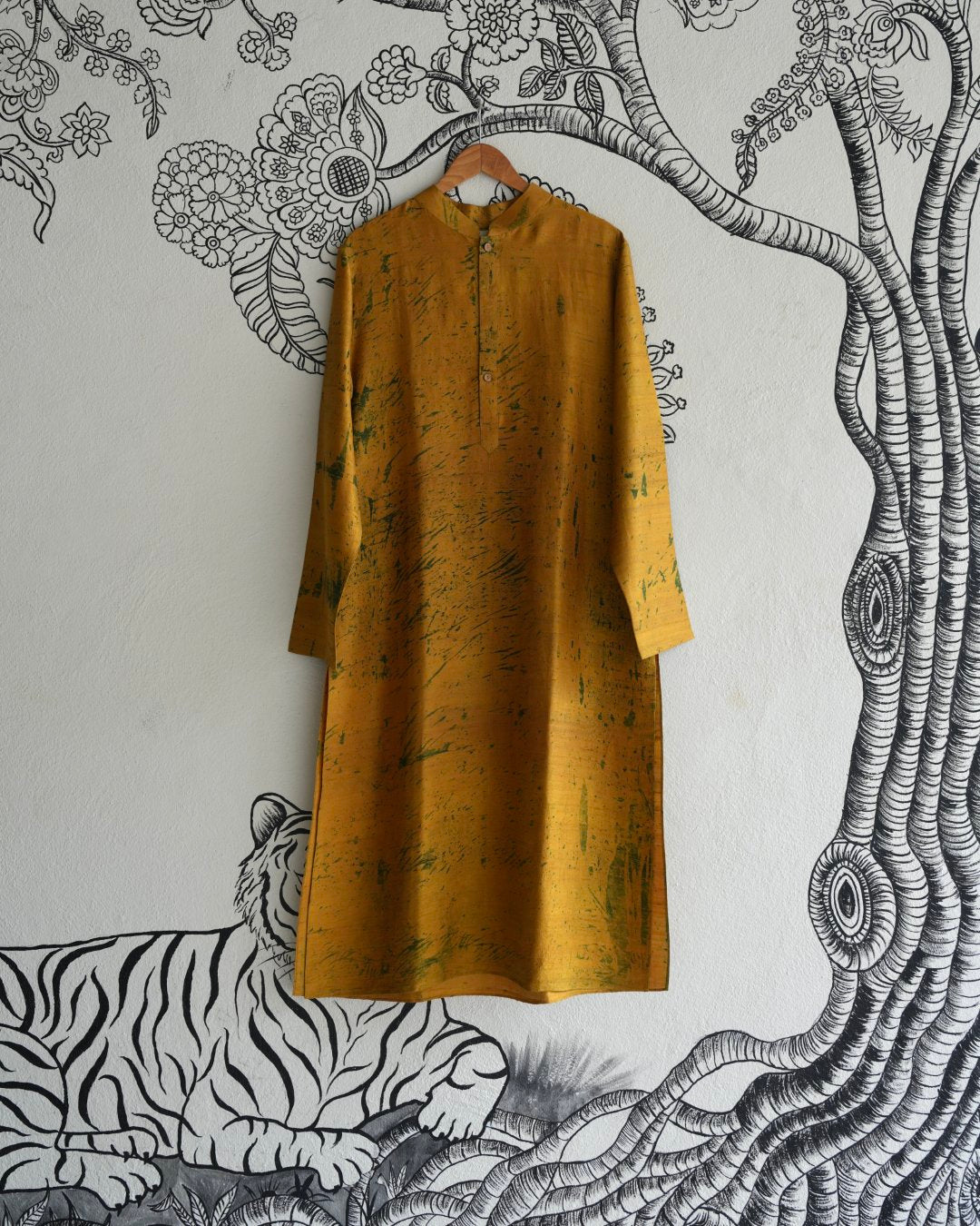 Mustard Raw Silk Hand Block Printed Kurta
