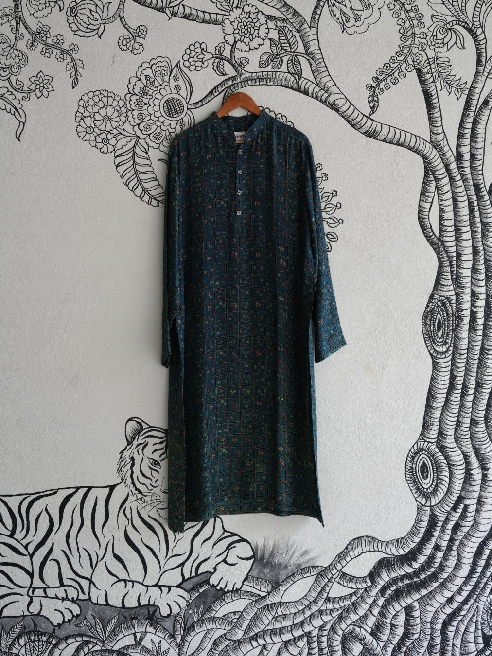 Green Silk Hand Block Printed Kurta