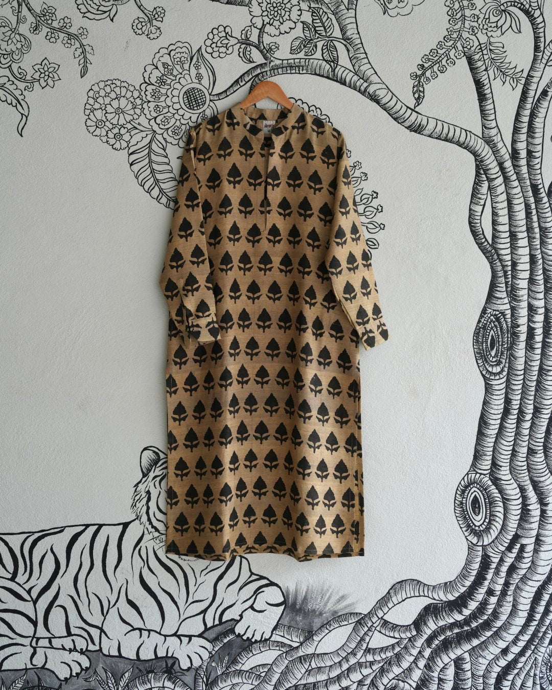 Beige Raw Silk Hand Block Printed Kurta