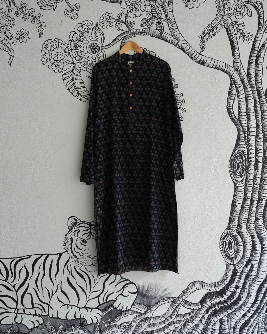 Black Silk Hand Block Printed Kurta