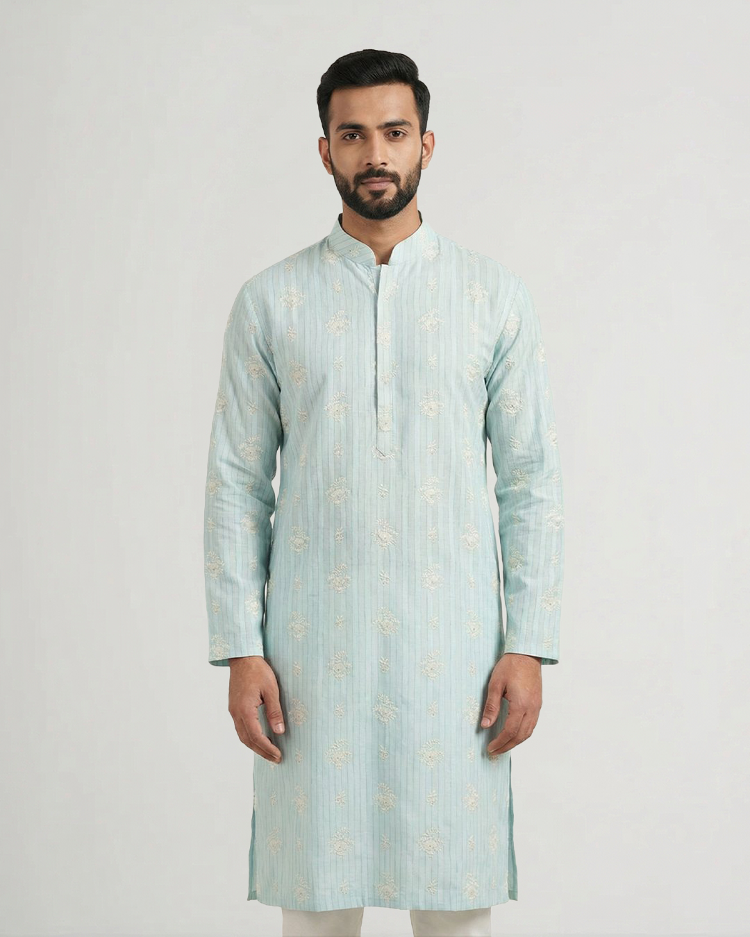Blue Handwoven Chanderi Cotton Embroidered Kurta