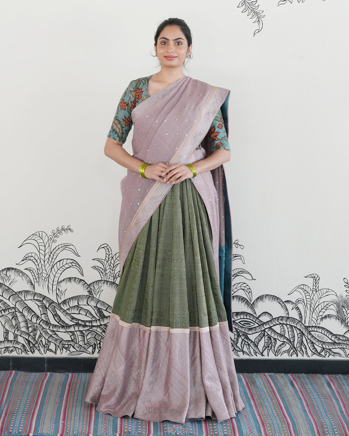 Green Handwoven Tussar Tissue Lehenga