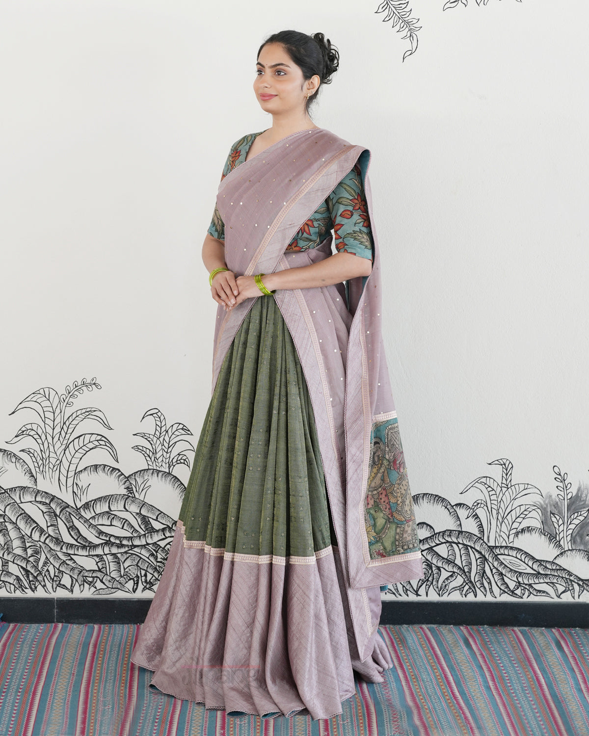 Green Handwoven Tussar Tissue Lehenga