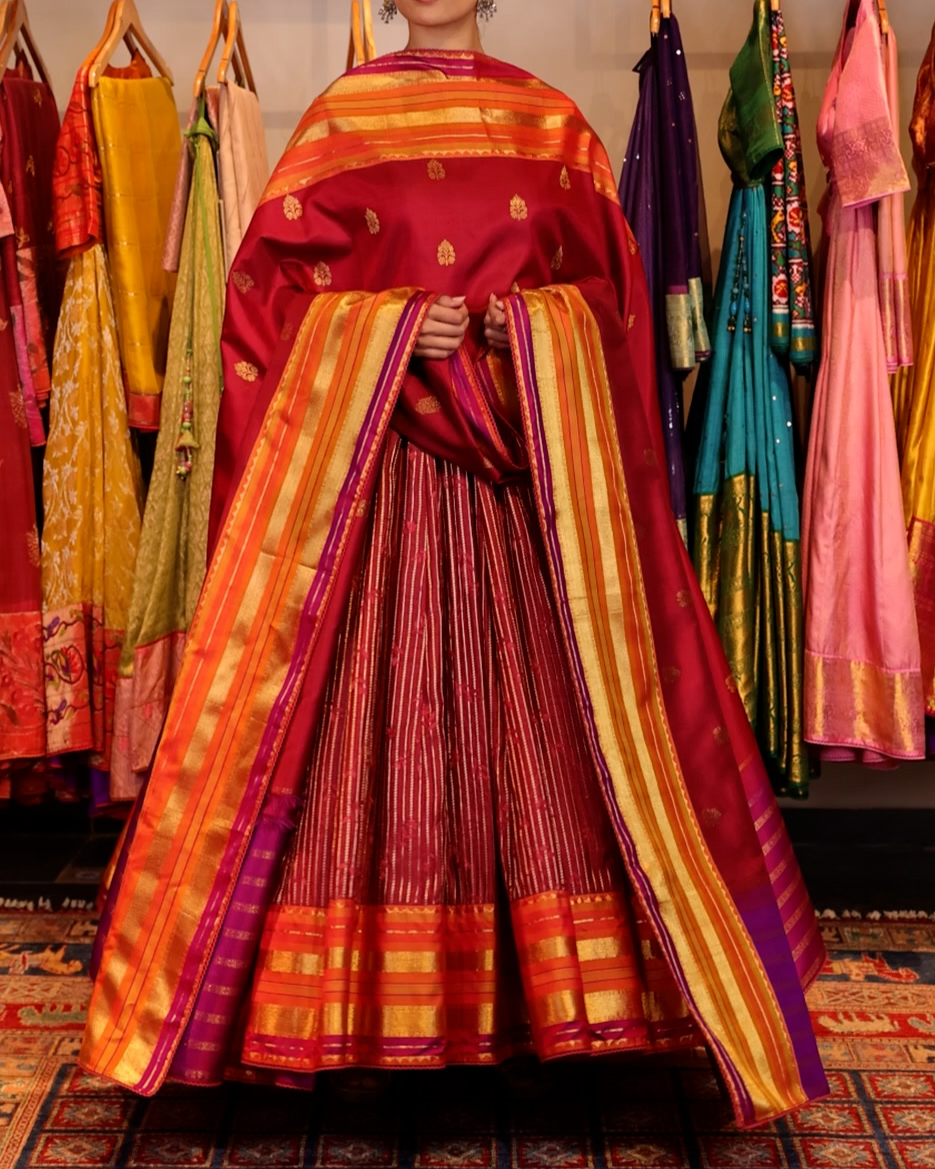 Red Handwoven Tussar Embroidery Anarkali