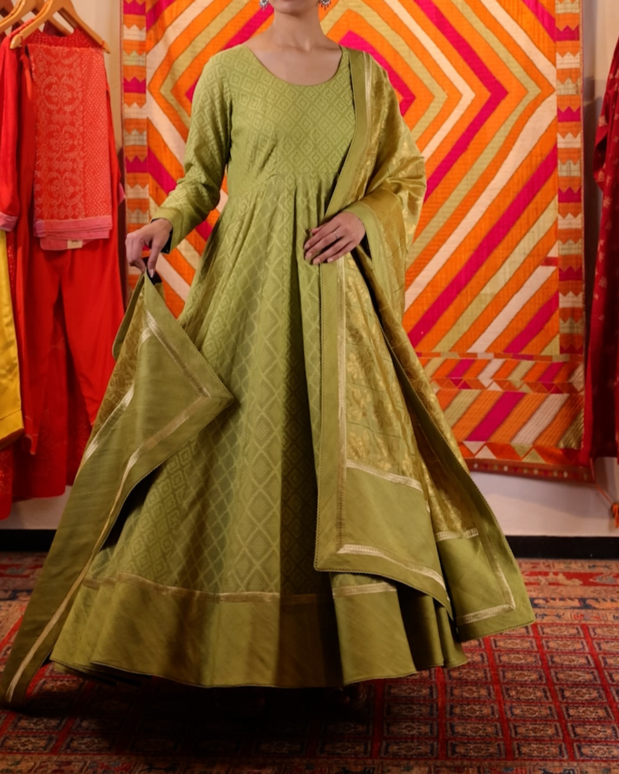 Green Handwoven Banaras Cotton Silk Anarkali