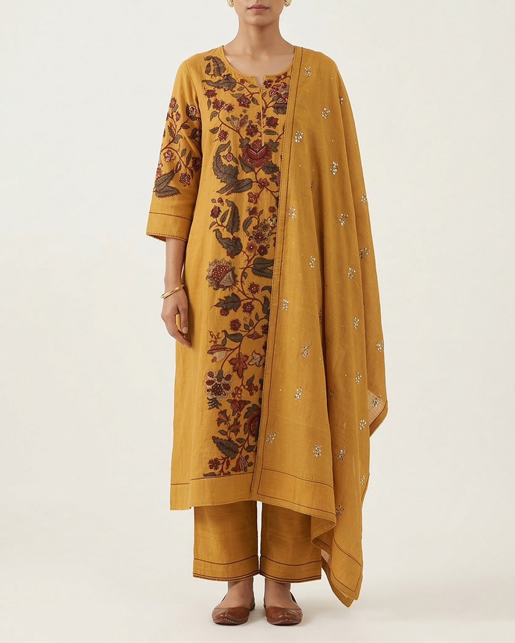 Mustard Handpainted Nayaka Kalamkari Mul Cotton Kurta Set