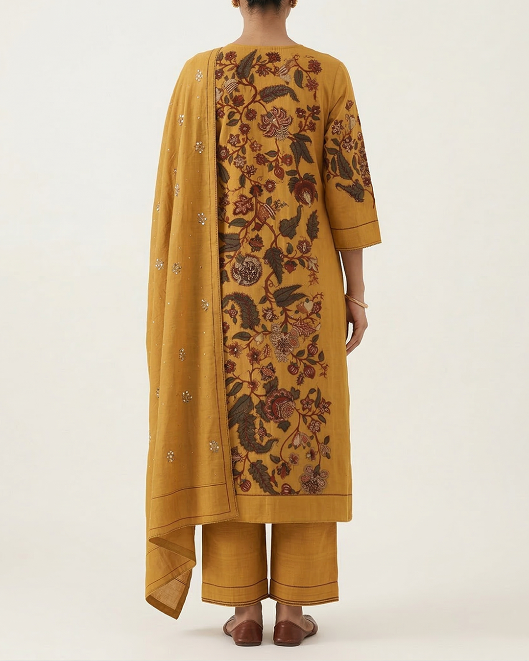 Mustard Handpainted Nayaka Kalamkari Mul Cotton Kurta Set