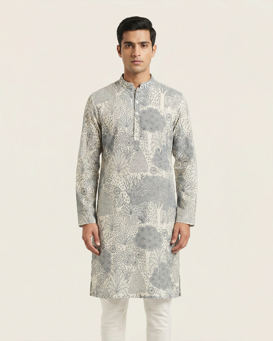 Off White Handwoven Chanderi Cotton Printed Kurta