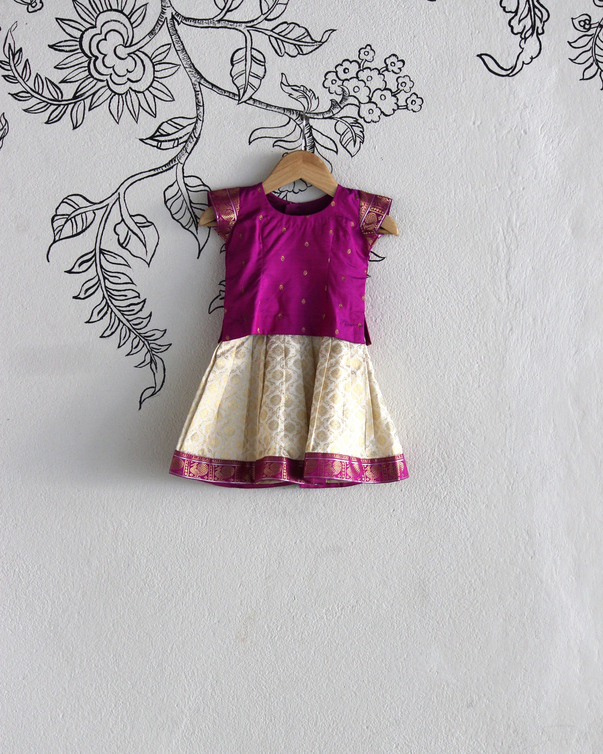 Pink & Off White Kanjeevaram Silk Lehenga