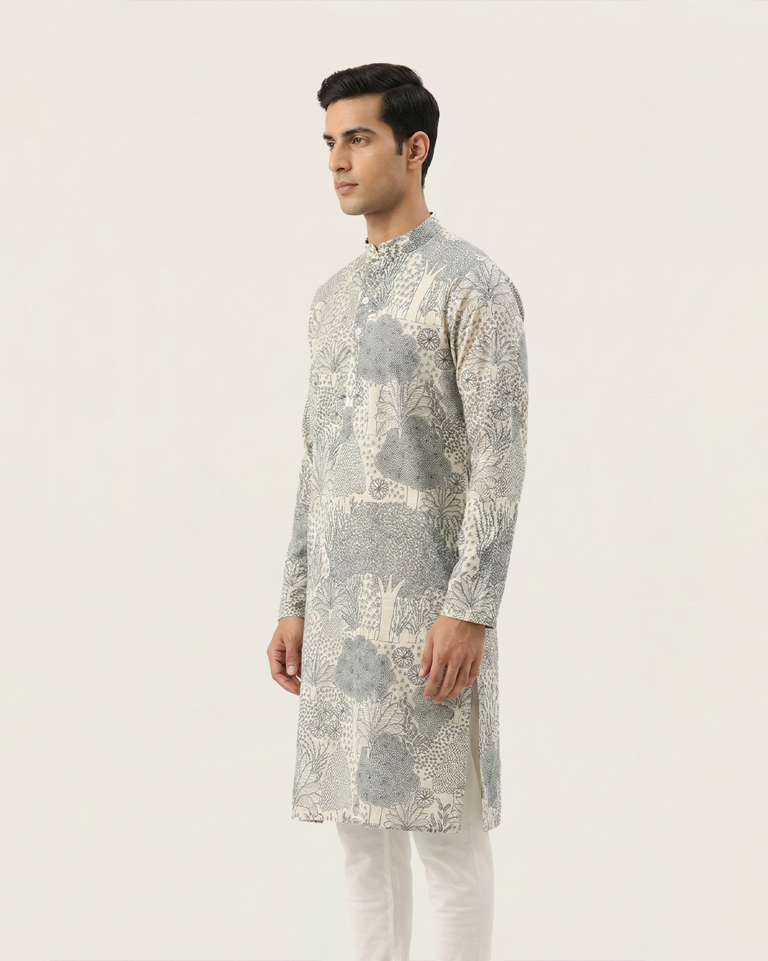 Off White Handwoven Chanderi Cotton Printed Kurta