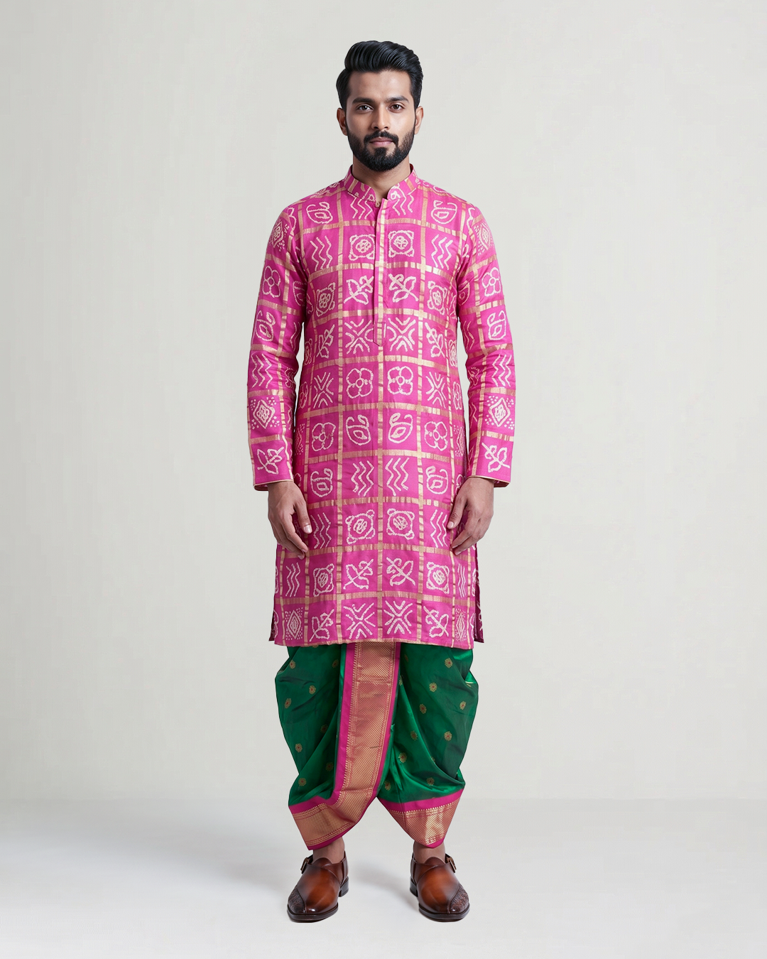 Handwoven Silk Bandhani Dhoti Kurta Set