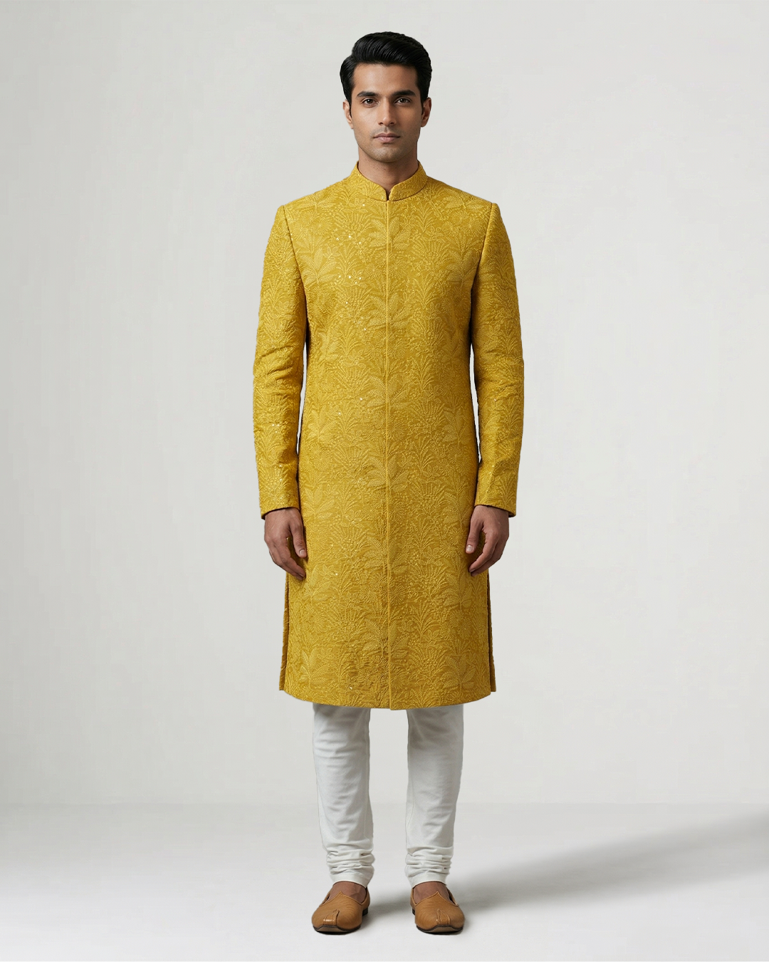 Yellow Handwoven Tussar Silk Embroidered  Sherwani