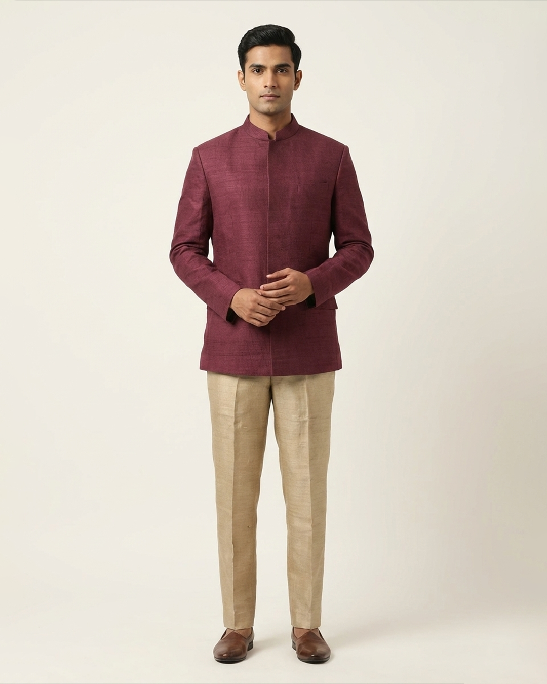 Wine Handwoven Matka Katha Embroidery Bandhgala Set