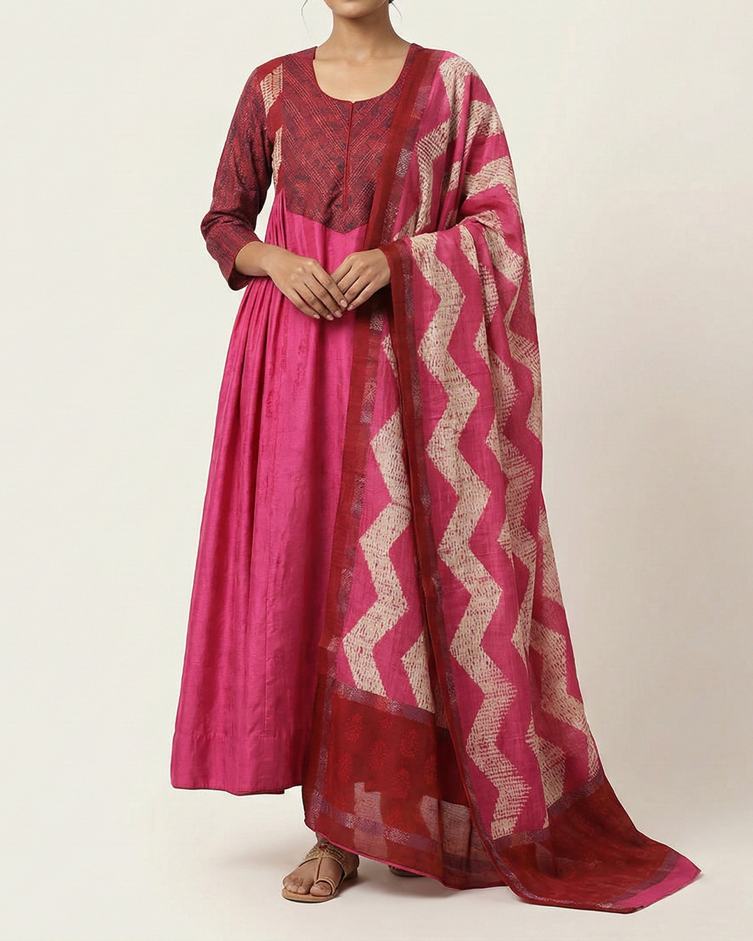 Pink Handwoven Satin Tussar Shaded Sufi-Cut Kurta Set