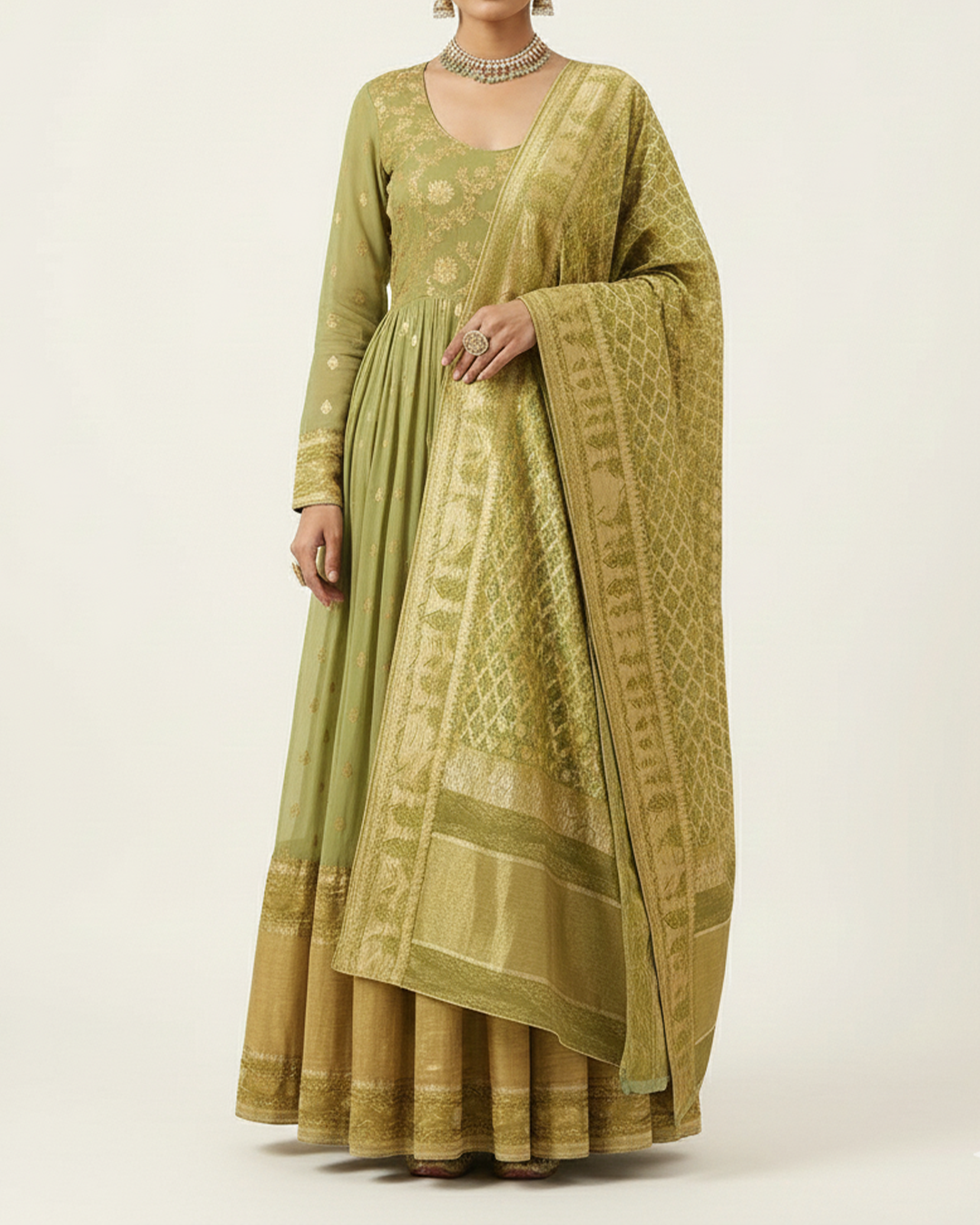 Green Handwoven Chiffon Kanjeevaram Anarkali