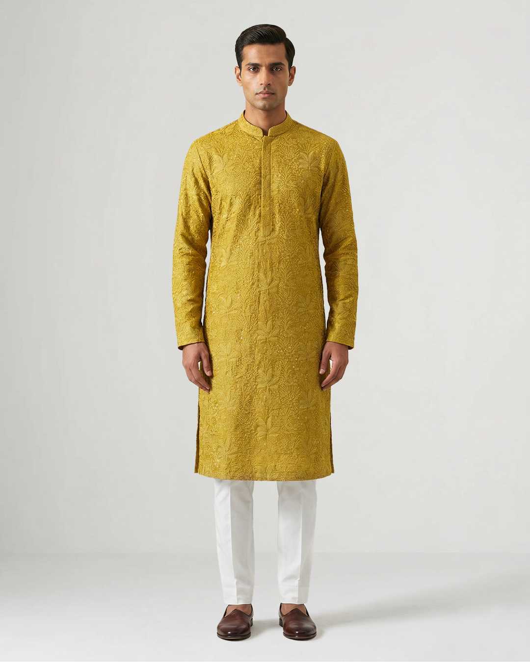 Yellow Handwoven Tussar Silk Embroidered Kurta