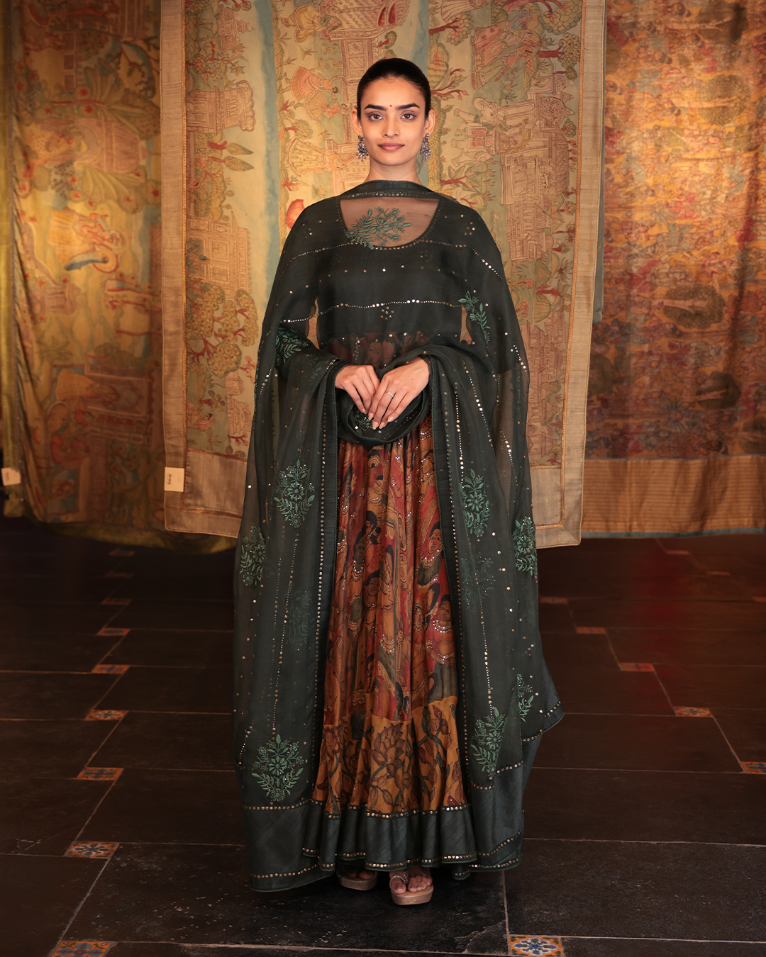 Green Handwoven Chiffon Handpainted Kalamkari Anarkali