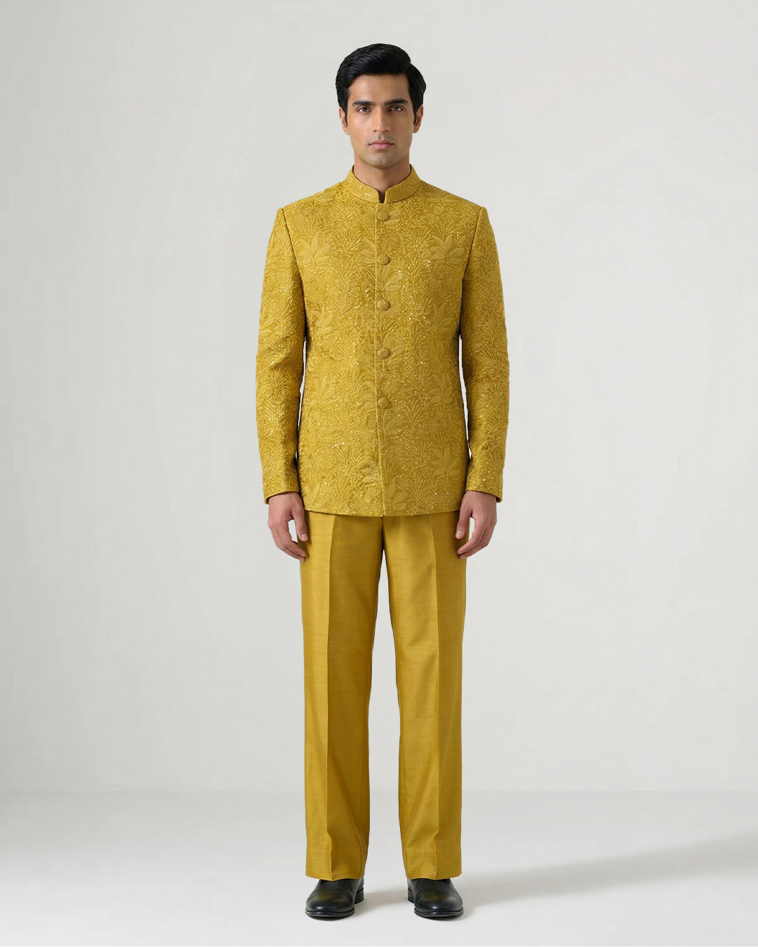 Yellow Handwoven Tussar Silk Embroidered Bandhgala