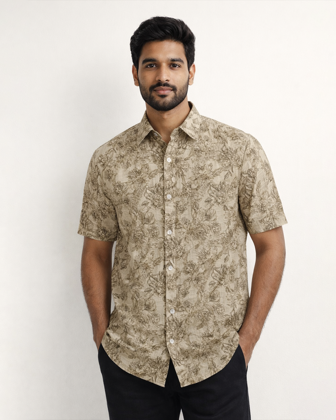 Beige Handwoven Chanderi Cotton Printed Shirt