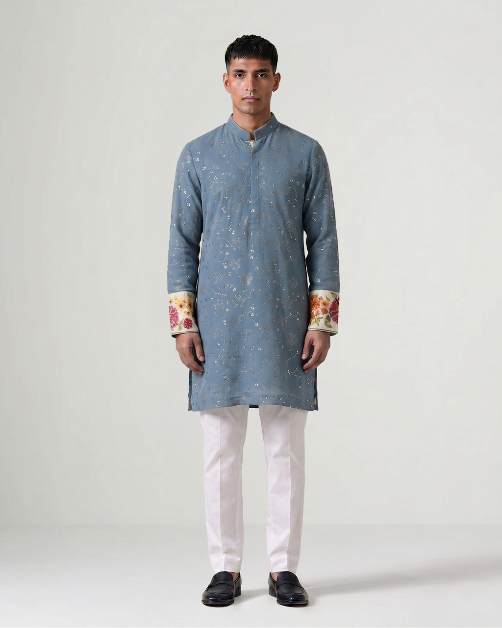 Blue Hand-Embroidered Badla Chiffon Kurta