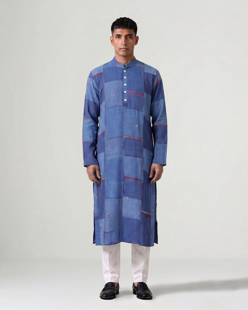 Blue Handwoven Cotton Patchwork Kurta