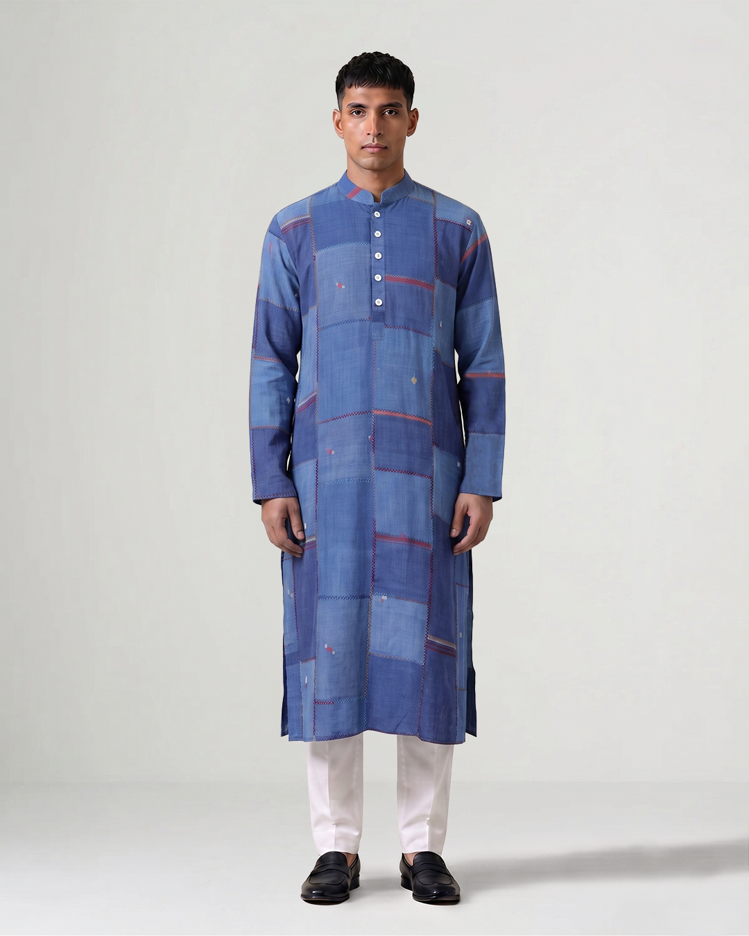 Blue Handwoven Cotton Patchwork Kurta