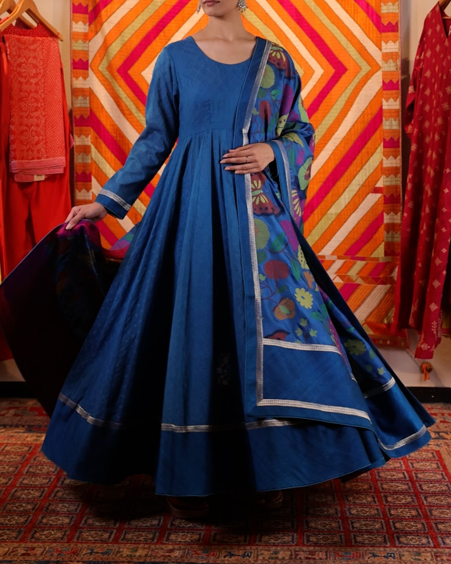 Blue Handwoven Banaras Cotton Silk Anarkali