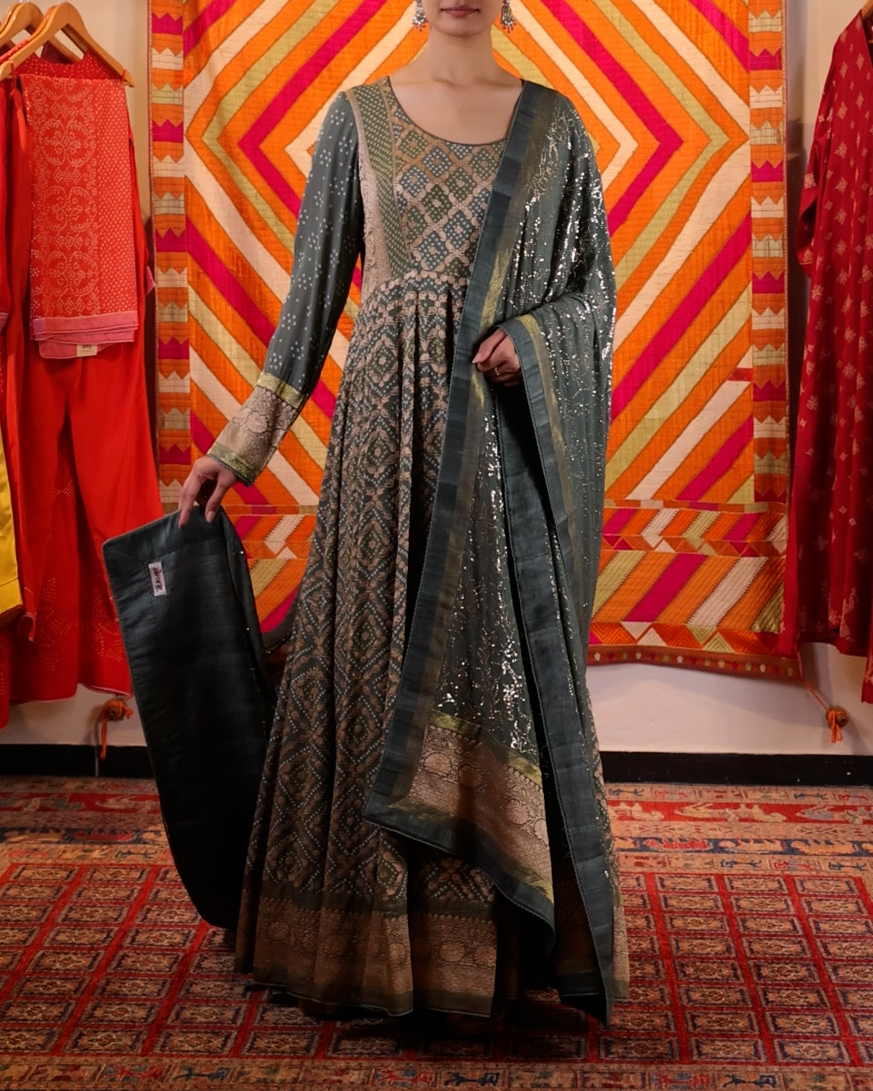 Green Handwoven Banaras Georgette Bandhani Anarkali
