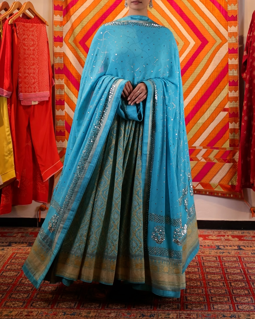 Turquoise Handwoven Banaras Georgette Bandhani Anarkali