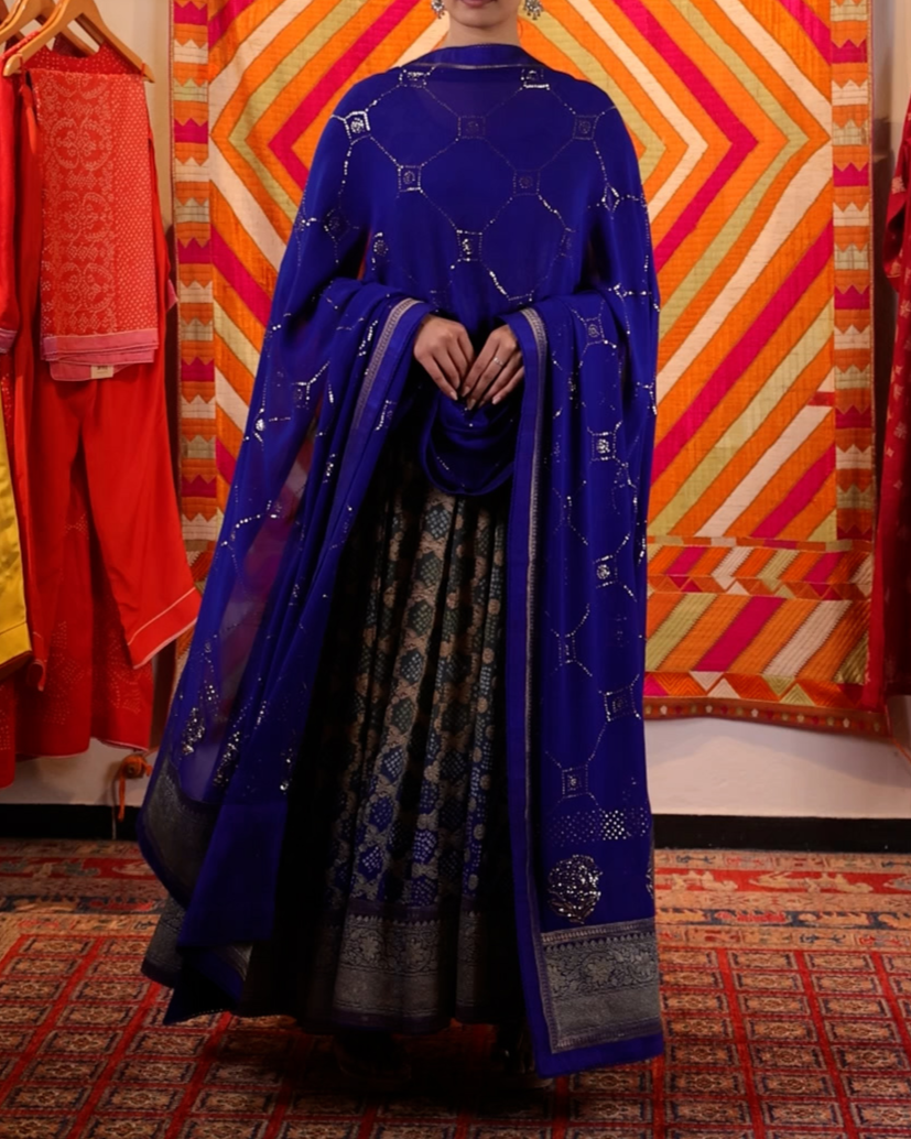 Blue Handwoven Banaras Georgette Bandhani Anarkali