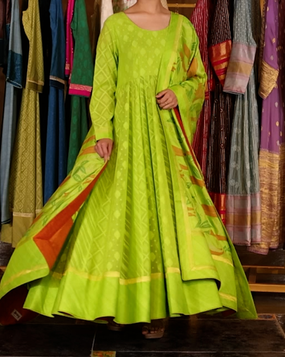 Green Handwoven Banaras Cotton Silk Anarkali