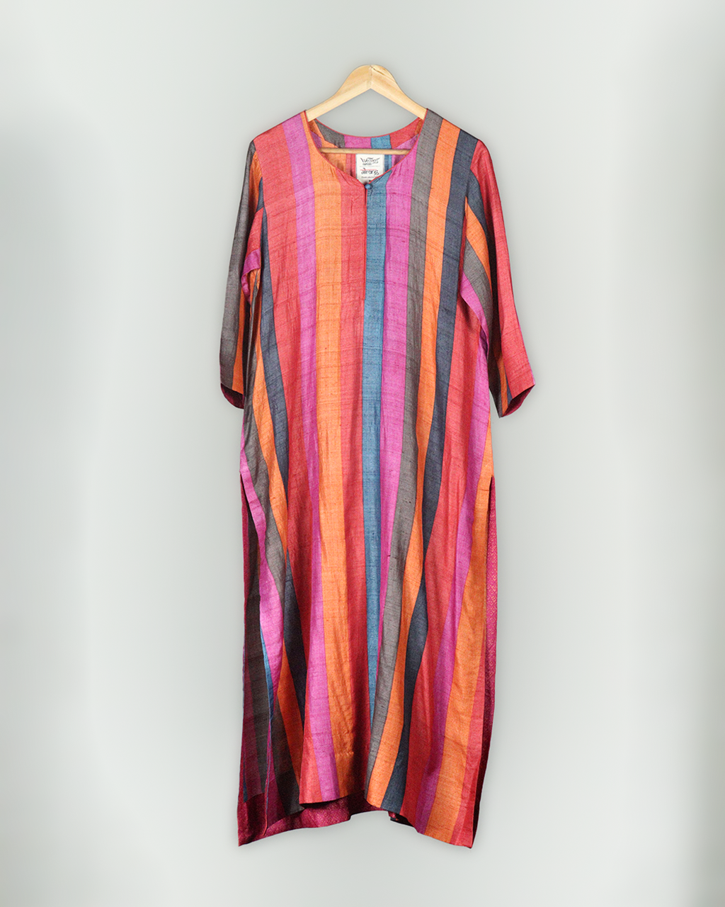 Multi Colour Hand Block Printed Tussar Silk Kurta Set