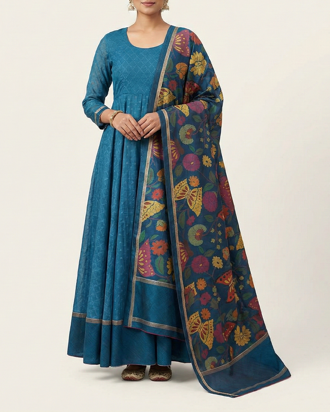 Blue Handwoven Banaras Cotton Silk Anarkali