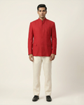 Red Handwoven Matka Katha Embroidery Bandhgala Set