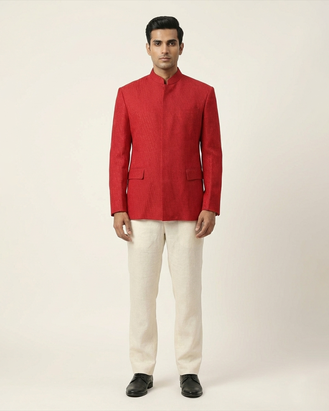 Red Handwoven Matka Katha Embroidery Bandhgala Set