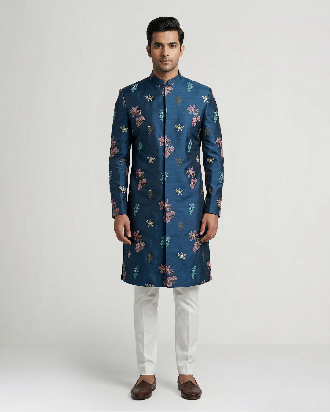 Blue Handwoven Tussar Silk Embroidered Sherwani