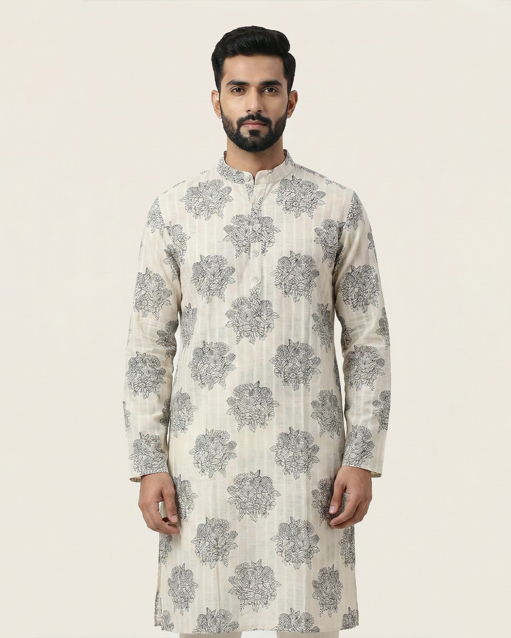 Off White Handwoven Chanderi Cotton Printed Kurta