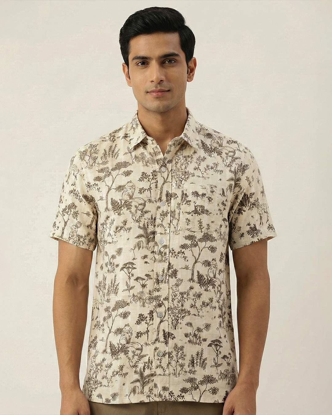 Beige Handwoven Chanderi Cotton Printed Shirt