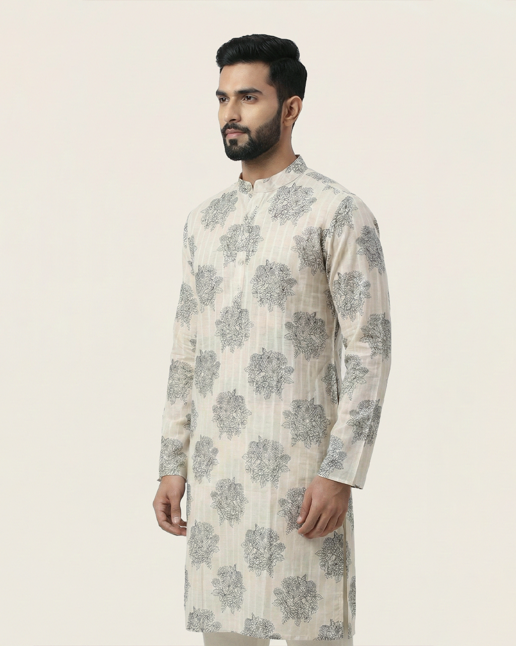 Off White Handwoven Chanderi Cotton Printed Kurta
