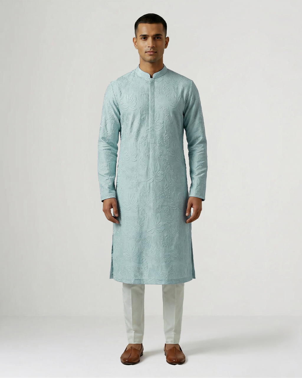 Sky Blue Handwoven Tussar Silk Embroidered Kurta