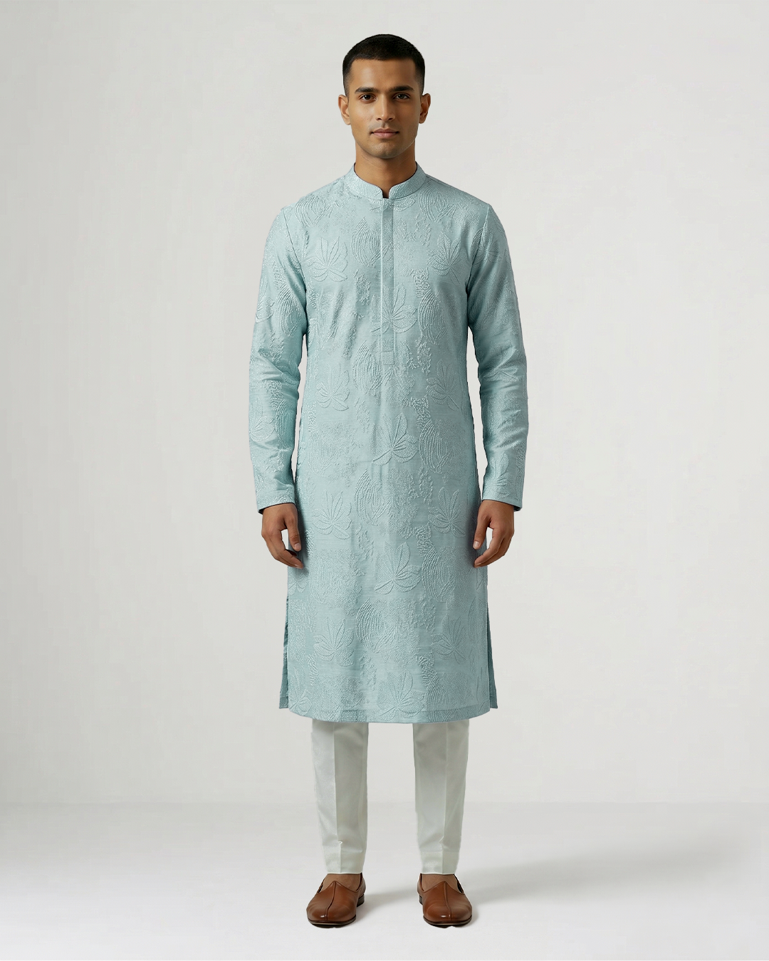 Sky Blue Handwoven Tussar Silk Embroidered Kurta