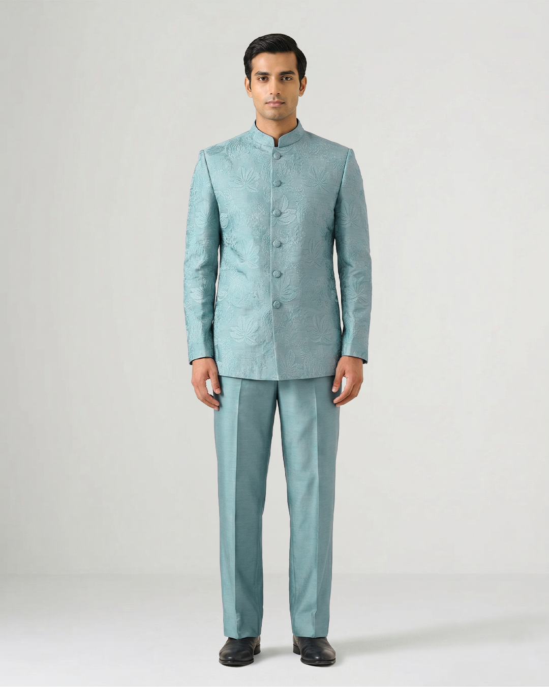 Sky Blue Handwoven Tussar Silk Embroidered Bandhgala