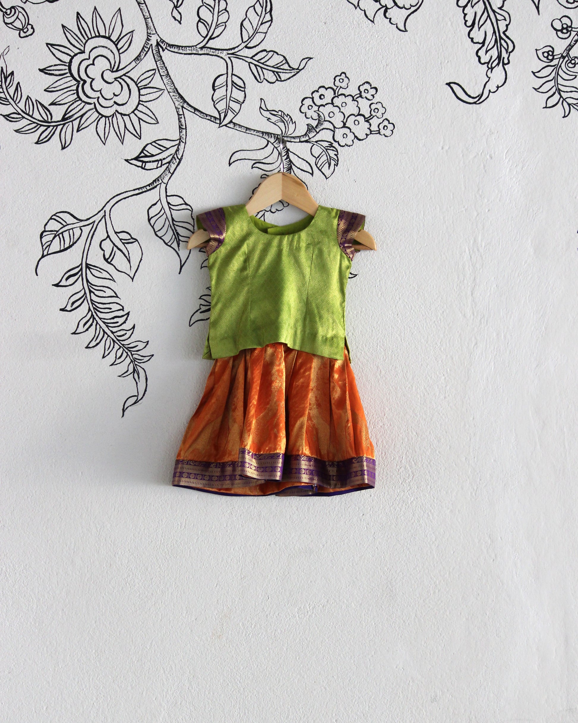Light Green & Orange Kanjeevaram Silk Lehenga