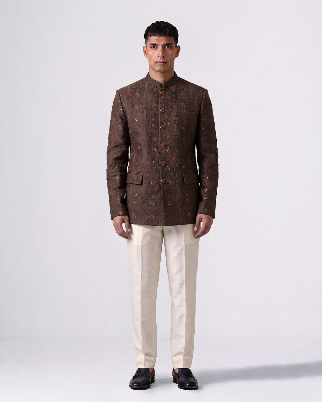 Brown Handwoven Tussar Silk Embroidered Bandhgala
