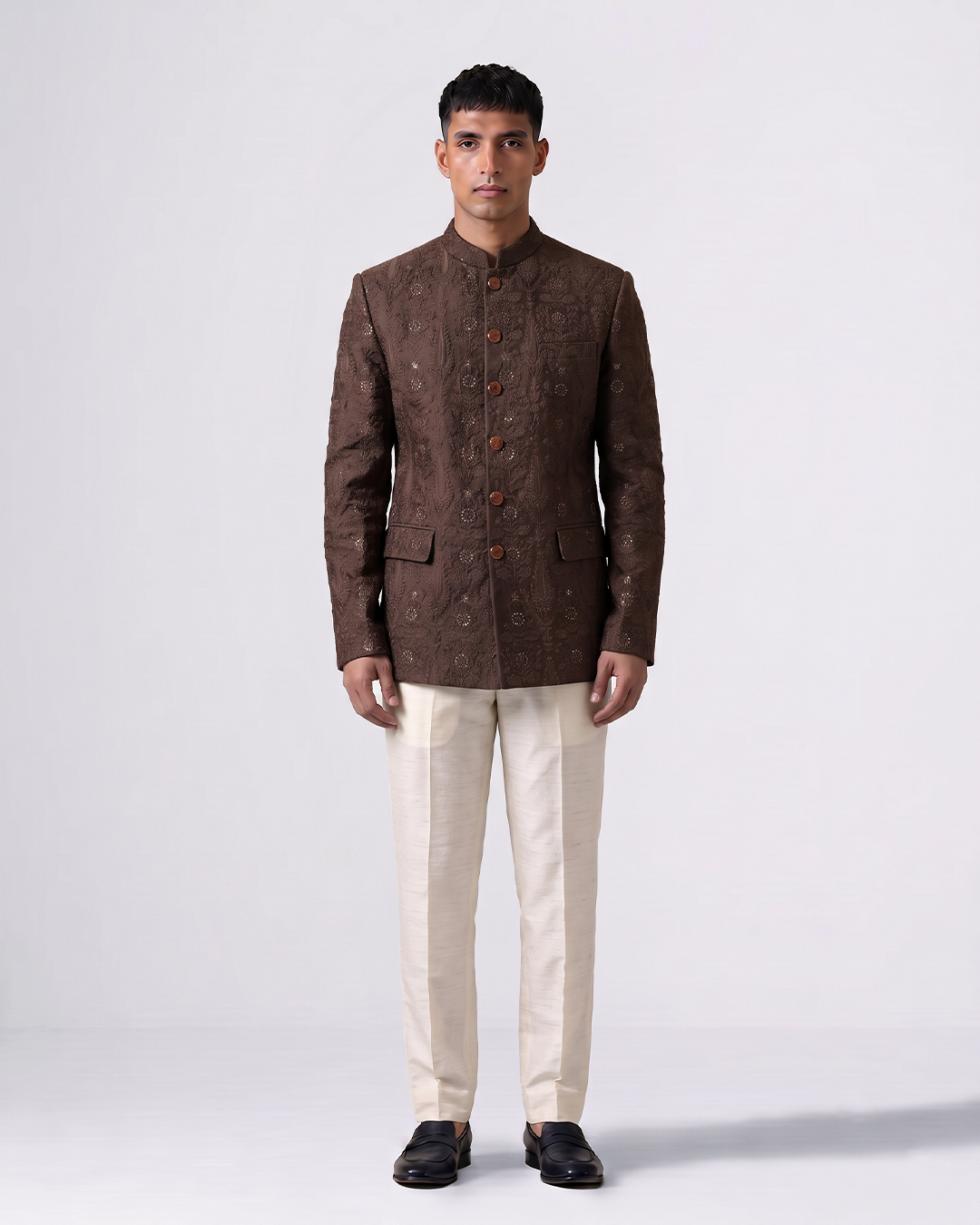 Brown Handwoven Tussar Silk Embroidered Bandhgala