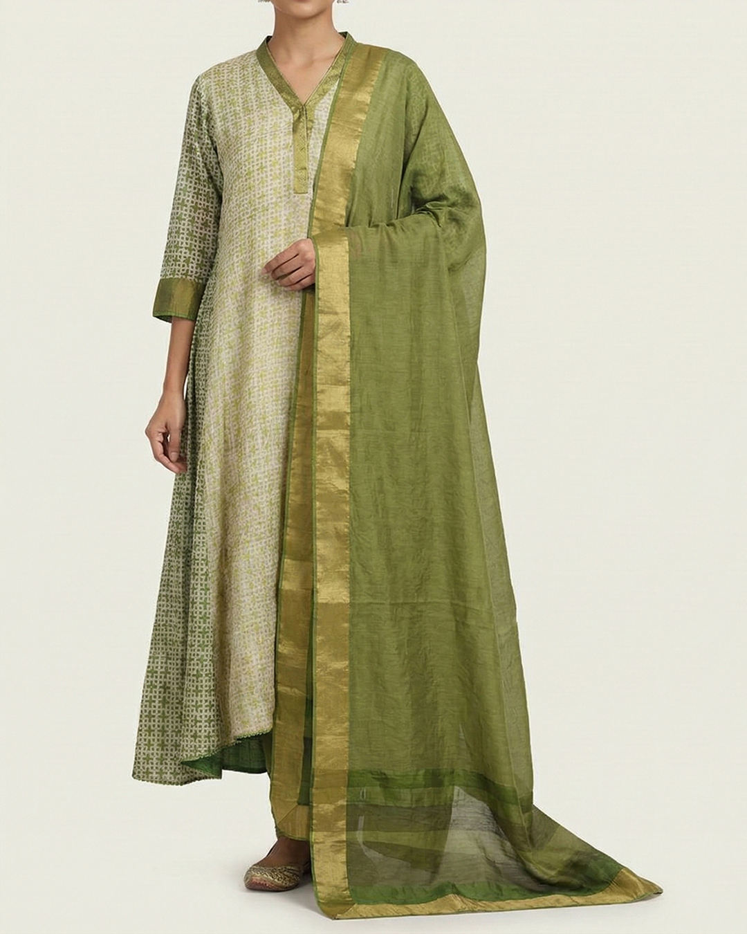Beige Handwoven Tussar Discharge Print Sufi-Cut Kurta Set