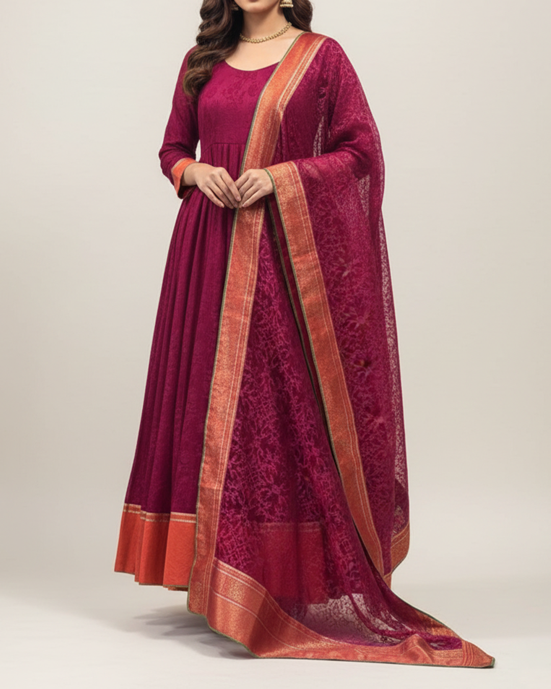 Red Handwoven Chiffon Self Woven Anarkali