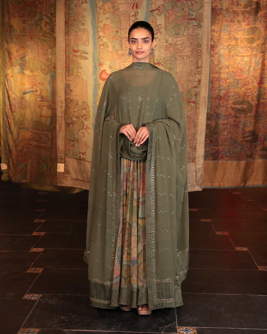 Green Handwoven Chiffon Handpainted Kalamkari Anarkali