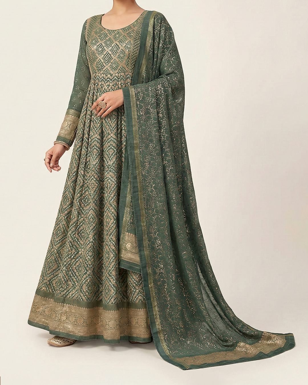 Green Handwoven Banaras Georgette Bandhani Anarkali